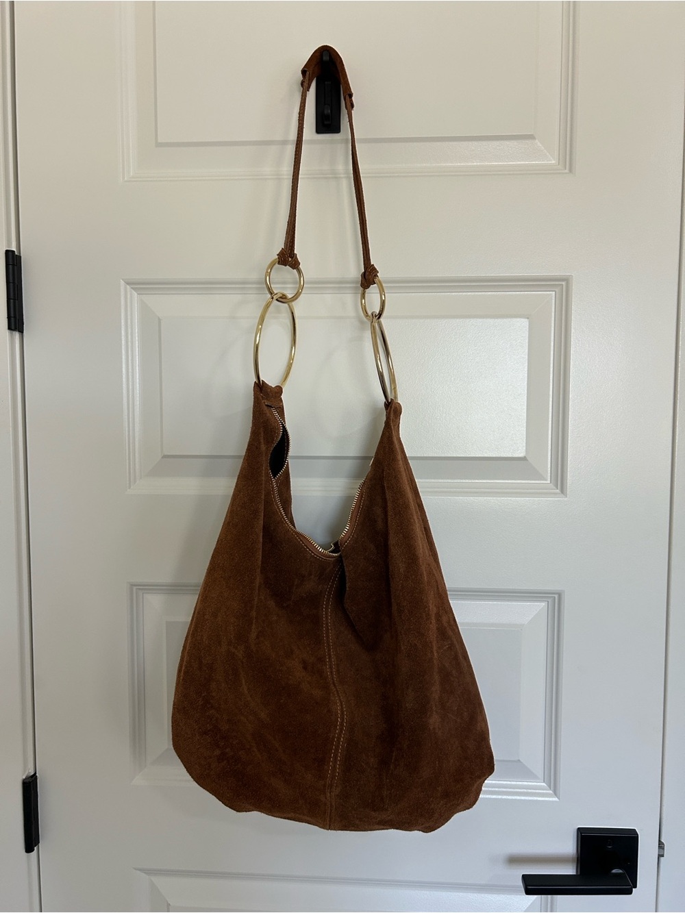 Marlon Brown Suede Hobo Bag with Gold Ring Handles